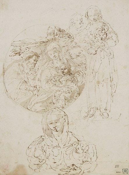 Ecole Bolonaise du XVIIe siècle

Deux études pour une Sainte Famille, une étude pour une Vierge à l'Enfant
Plume et encre brune.
Porte en bas à droite le cachet de la collection E. Calando (Lugt n°837) et le cachet de la collection de François Alziari baron de Malaussena (Lugt n°1887).
Annoté au dos Di Michel Angelo Anselmi da Parma.
25 x 18.7 cm
