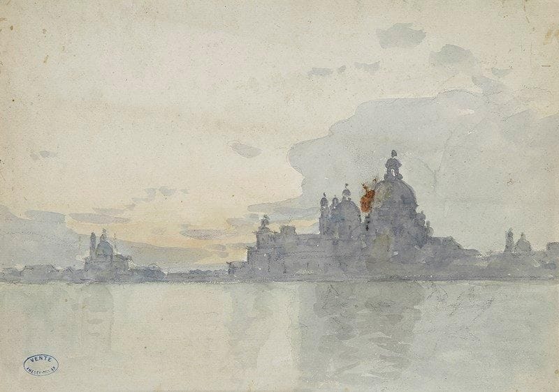 Amédée ROSIER (1831-1898)

Venise, la Salute
Aquarelle.
Porte le cachet de la vente de l'atelier en bas à gauche (Lugt 2149a).
Au dos, Étude pour canaux, crayon noir.
26 x 37 cm
