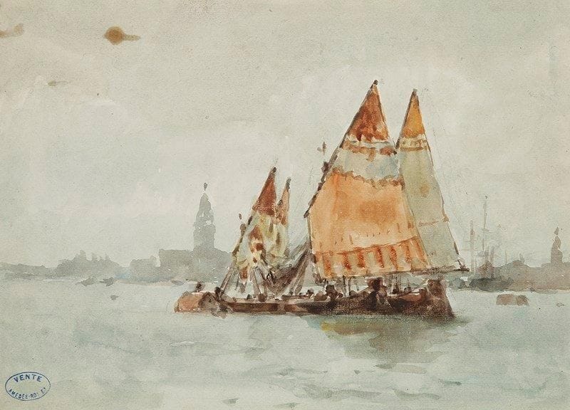 Amédée ROSIER (1831-1898)

Venise, bateaux sur le Grand Canal
Aquarelle.
Porte le cachet de la vente de l'atelier en bas à gauche (Lugt 2149a).
Au dos, Étude de bateaux sur le Grand Canal, crayon noir. (Petites taches).
20.5 x 28 cm
