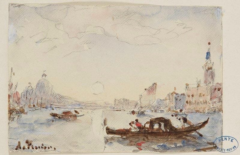Amédée ROSIER (1831-1898)

Venise, le Grand Canal sous le soleil
Aquarelle sur trait de crayon noir.
Signée en bas à gauche.
Porte le cachet de la vente de l'atelier en bas à droite (Lugt 2149a).
12.5 x 18 cm
