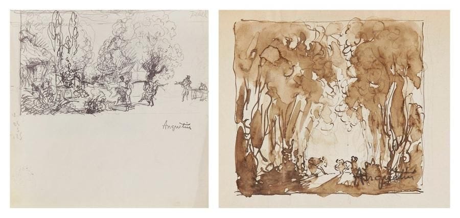 LOUIS ANQUETIN (1861-1932)

Chevaux au galop - Village animé
2 dessins à l'encre.
Portent le cachet de la signature en bas à droite.
L'un porte le cachet de l'atelier au dos, l'autre une longue annotation de l'artiste.
15 x 23 cm et 22.5 x 23 cm
