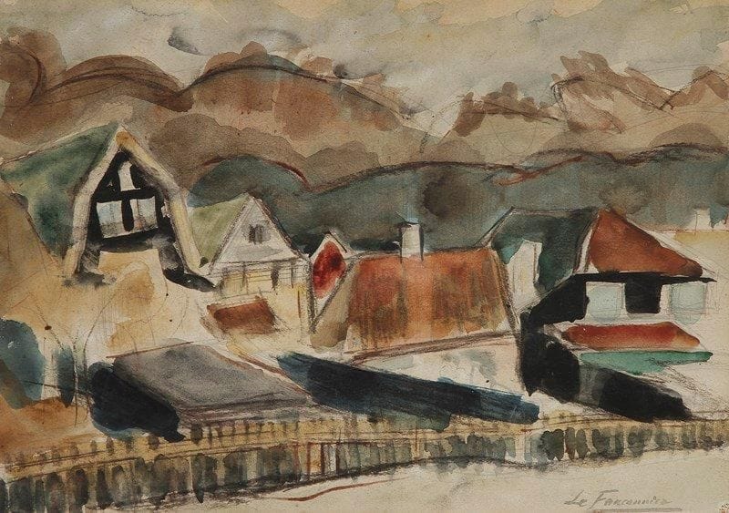 LE FAUCONNIER (1881-1946)

Paysage d'automne, vers 1917-1920
Aquarelle sur traits de fusain.
Signée en bas à droite.
Signée et titrée au dos.
28.5 x 39 cm
