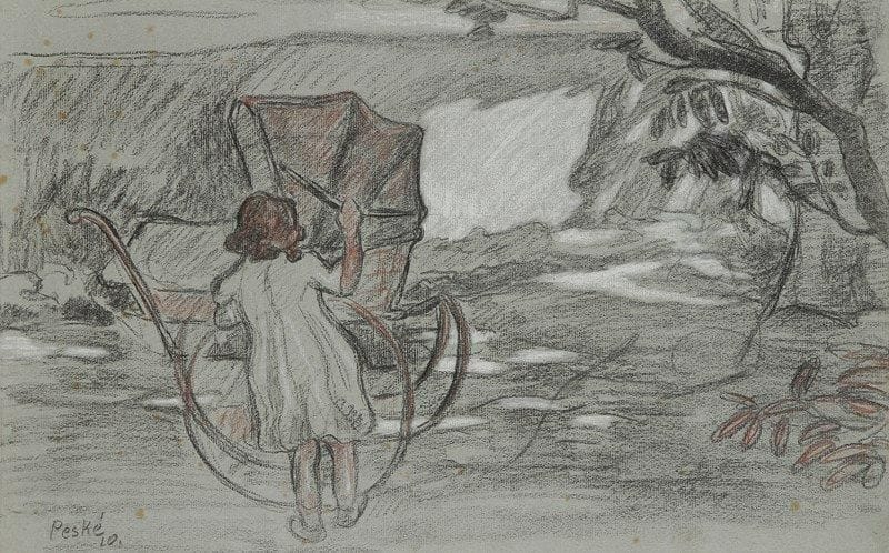 Jean Misceslas PESKE (1870-1949)

Fillette au landau, 1910
Dessin à la pierre noire, sanguine et craie blanche.
Signé et daté en bas à gauche. (Petite déchirure).
31 x 48 cm
