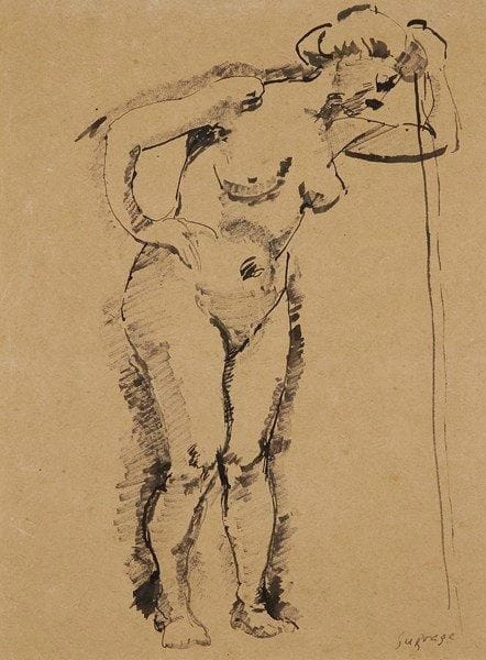 Léopold SURVAGE [franco-russe] (1879-1968

Femme nue appuyée à un poteau
Dessin à l'encre.
Signé en bas à droite.
31 x 23 cm
