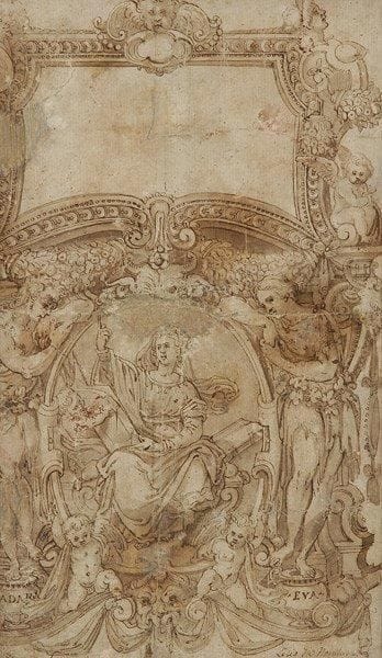 Lelio da NOZZELANA (Actif en Italie au XVIe siècle)

La Sybille de Cumes, projet de frontispice
Plume et encre brune, lavis brun.
Signé en bas à droite Lelio da Nozzelana.
24 x 14 cm
