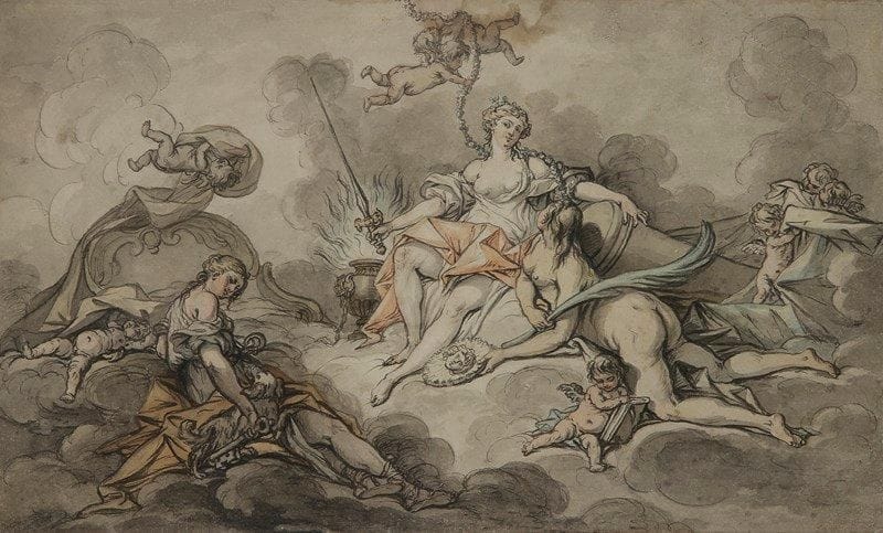 Jean-Jacques François LE BARBIER L'AÎNé (Rouen 1738 - Paris 1826

Le Triomphe de la Force
Plume et encre grise, lavis gris et aquarelle.
Porte au dos une ancienne étiquette de vente et le n°78519.
20.3 x 34 cm
