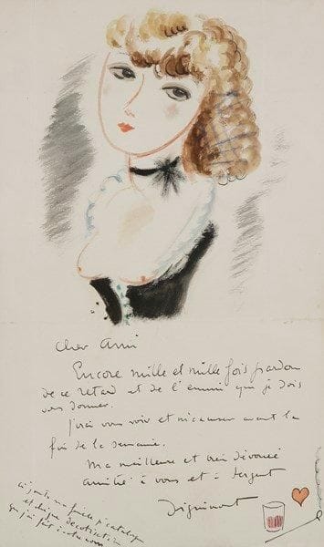 André DIGNIMONT (1891-1965)

Jeune femme au bustier ouvert
Aquarelle.
Signée à la suite d'une courte lettre d'excuse.
Un verre, un coeur et une pipe en remarque.
Pli de la lettre d'origine.
31.5 x 19 cm
