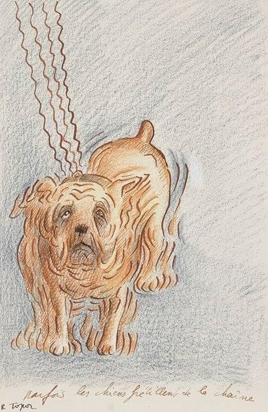 ROLAND TOPOR (1938-1997)

Parfois les chiens frétillent de la chaîne
Dessin à l'encre sépia et crayon de couleurs.
Signé en bas à gauche et titré en pied.
24 x 16 cm
