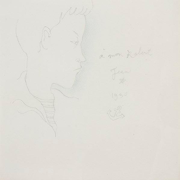 Jean COCTEAU (1889-1963)

Portrait de jeune homme de profil
Dessin à la mine de plomb et crayon bleu sur vélin.
Dédicacé «à mon Robert», signé et daté.
19.7 x 19.7 cm
