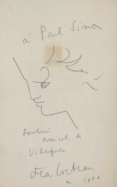 Jean COCTEAU (1889-1963)

Tête de faune, 1956
Dessin au stylo bille.
Signé, daté et dédicacé.
Lettre de Jean Cocteau à Paul Simon avec croquis collée au dos. (Trace de colle).
19 x 12 cm