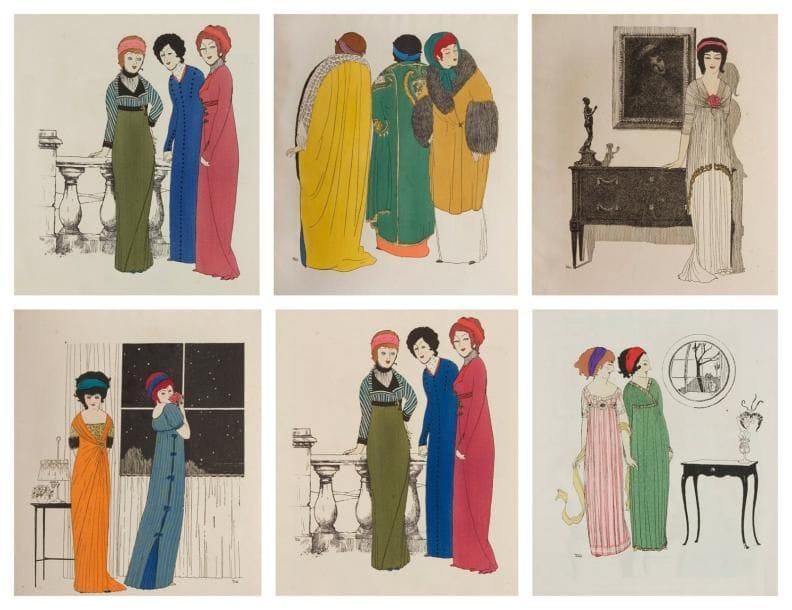Paul POIRET et Paul IRIBE

Les Robes de Paul Poiret racontées par Paul Iribe, 1908
Album grand in-4 carré, plats cartonnés, titre imprimé en rouge dans un cartouche et guirlandes de fleurs.
Illustré de 10 planches en pleine page de Paul Iribe: modèles de robes, accessoires, chapeaux de Paul Poiret. Planches montées d'origine sur onglets.
32 x 30 cm
