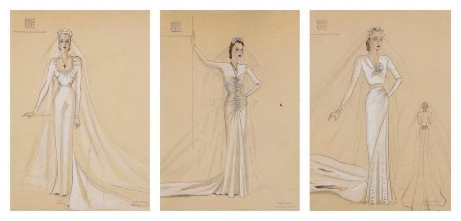 Maggy ROUFF (XXe siècle)

Robes de mariées, 1940
3 dessins à la mine de plomb et gouache.
Sur un papier de la maison Maggy Rouff.
32 x 25 cm chaque
