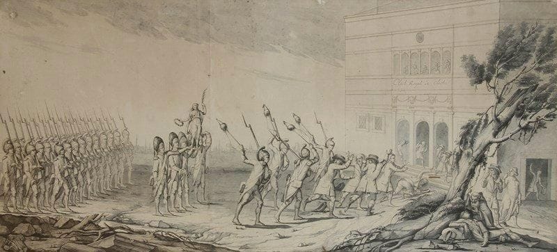Attribué à Abraham GIRARDET (Locle 1764 - Paris 1823)

Le Club de Clichy ou le coup d'état du 18 fructidor de l'an V
Plume et encre brune et noire, lavis gris. (Pli et petites déchirures, accidents).
46 x 103 cm
Le club «révolutionnaire» de Clichy doit son nom à la rue de Clichy, où ses membres se réunissaient au n°27, domicile de l'un de ses fondateurs, Jean Louis Gibert des Molières. Constitué de républicains modérés, conservateurs et libéraux, ainsi que de quelques royalistes partisans de la Constitution de 1791, le club fut mis en sommeil sous la Terreur avant de connaître une seconde vie après la mort de Robespierre (27 juillet 1794). En 1797, sous le Directoire, le Club de Clichy devenu ouvertement contre-révolutionnaire, et anti-bonapartiste, domine la vie politique. Les royalistes sont désormais majoritaires dans les deux conseils (Conseil des Cinq-cents et Conseil des Anciens). Le Directoire lui-même se divise entre républicains et les partisans des royalistes comme Carnot. Après la découverte de documents qui seraient préparatoires à un coup d'état royaliste mené par le général Pichegru, les trois Directeurs décident de devancer les «Clichiens». Le 18 fructidor de l'an V (4 septembre 1797), Paris est occupé par l'armée. La plupart des membres du Club de Clichy, ainsi que des députés et journalistes favorables sont arrêtés et déportés à Sinnamary en Guyane française. 
D'origine suisse, Abraham Girardet fut dessinateur et graveur. Il travailla à Paris, d'abord entre 1783 et 1792, publiant surtout des planches sur les événements politiques. Après un long voyage en Italie, de retour à Paris en 1795, il collabora aux côtés de Swebach et Duplessi-Berteaux, à l'ouvrage Tableaux historiques de la Révolution française, contenant plus de cent quarante-quatre planches, paru entre 1798 et 1811. La Transfiguration d'après Raphaël, considéré comme son chef-d'oeuvre lui vaut une médaille au Salon de 1806. Il laissa un oeuvre gravé considérable.

