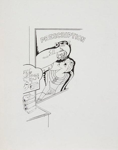 Charles TUDOR [américain] (1903-1970)

Prescription Department
Dessin à l'encre et rehauts de gouache.
Non signé.
On joint une version imprimée.
27.5 x 22.5 cm

