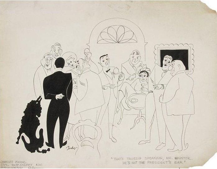 Charles TUDOR [américain] (1903-1970)

Au salon
Dessin à l'encre.
Signé en bas à gauche.
Annoté en anglais en bas à droite.
On joint une étude à l'encre pour la partie gauche du dessin 20 x 30 cm. (Manques dans les angles).
35 x 45 cm
