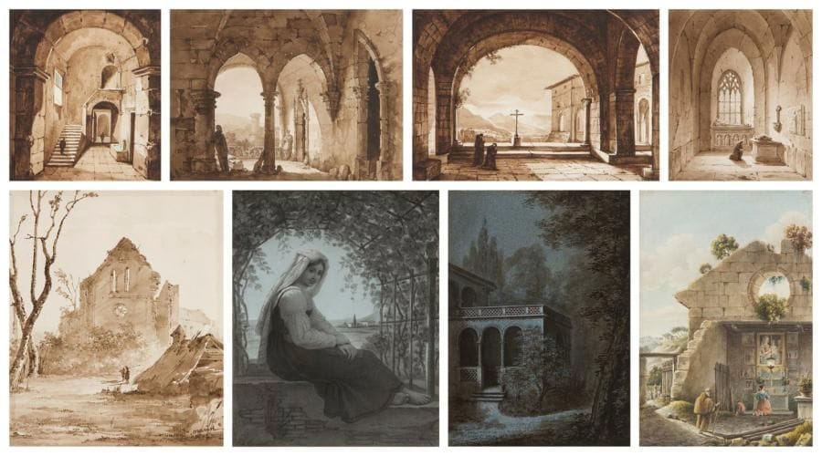 École Française du XIXe siècle

Album contenant 22 dessins
Victor-Jean NICOLLE (Paris 1754 - 1826)
Chapelle de la campagne italienne
Plume et encre noire, aquarelle.
Signé en bas à droite V J Nicolle.
17.4 x 12 cm
L. de CARBONNEL (Actif au XIXe siècle)
Une jeune italienne
Pierre noire et rehauts de blanc, lavis gris et brun sur papier bleu.
Signé en bas à gauche I de Carbonnel.
21 x 17 cm
Un pavillon de jardin
Lavis noir, gris et brun, rehauts de blanc sur papier bleu.
16.5 x 11.6 cm
École FRANÇAISE du XIXe siècle, d'après Jean-Baptiste MALLET
Geneviève de Brabant dans sa prison baptisant son fils
Aquarelle.
20.3 x 15.5 cm
Notre dessin est une reprise du tableau peint par Jean-Baptiste Mallet en 1824 et conservé au musée Thomas Henry de Cherbourg.
École FRANÇAISE du XIXe siècle
Dix-huit dessins: Paysages italiens, Étude d'une branche de rosier, Vues de monastère...
Plume et encre noire, aquarelle, lavis brun.
Signés ou monogrammés Renoux, St Roger, Marin..., C. J., ID...
24.8 x 33.6 cm