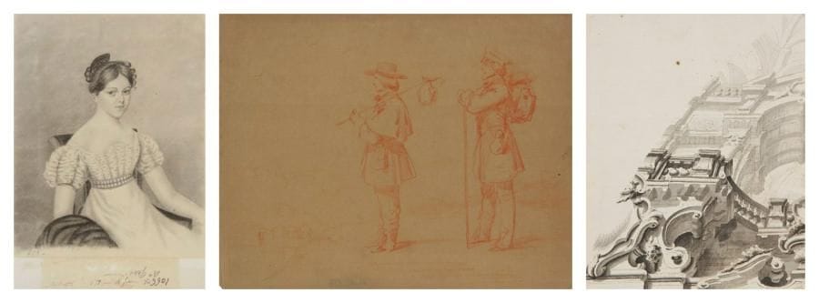 Lot de trois dessins
École BOLONAISE du XVIe siècle 
Vue en raccourci d'une arcade de façade
Plume encre noire et grise, lavis gris.
19,5 x 15,2 cm
École FRANÇAISE du XIXe siècle
Portrait d'une jeune fille
Crayon noir et estompe.
22,5 x 15,5 cm
Deux voyageurs de profil
Sanguine sur papier brun.
25 x 32 cm
