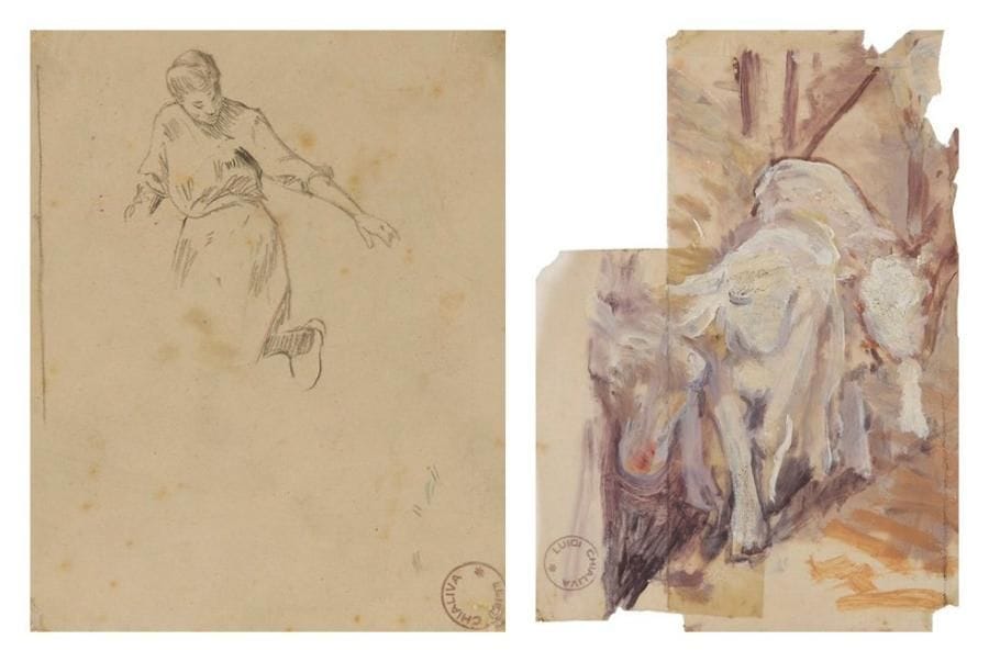 Luigi Chialiva (1842-1914)

Étude de femme - Étude de vache
Dessin à la mine de plomb et huile sur calque.
Portent le cachet Luigi Chialiva (Lugt 3132).
19 x 15 cm et 23 x 17 cm
