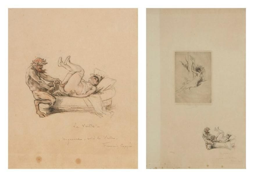 Félicien Rops (1833-1898)

La Vrille
Dessin à la mine de plomb et aux crayons de couleurs sur vergé, en remarque d'une gravure (frontispice d'une suite d'oeuvres libres, pointe sèche, Exsteens 413)
Signé à la mine de plomb sous la gravure, le dessin titré et accompagné d'un vers de François Coppée manuscrit par l'artiste. (Forte oxydation du feuillet; larges rousseurs le long du bord inférieur; traces de colle au verso).
Dessin: 8 x 11 cm; feuillet: 55 x 37 cm
Provenance: 
Ancienne collection Charles Delafosse (n°290 de sa vente, février 1920, L. Delteil expert)
