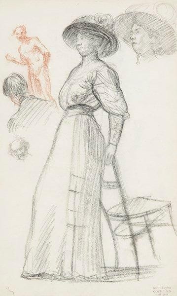 André-Eugène COSTILHES (1865-1940)

Études de femme en pied appuyée à une chaise, vers 1900
Dessin à la pierre noire et à la sanguine sur vélin.
Timbré en bas à droite.
45.5 x 21.5 cm