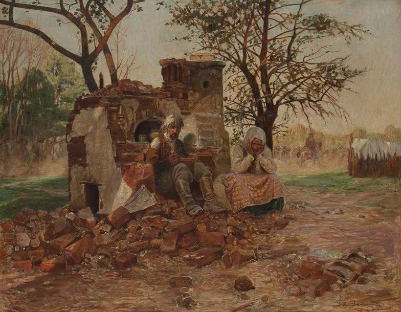 Sixtus von DZBANSKI [polonais] (1874-1942)

Wolynien, Sans-abri, 1917
Huile sur toile.
Signée et datée en bas à droite.
Titrée et située sur une étiquette au dos.
(Petit manques).
131 x 170 cm