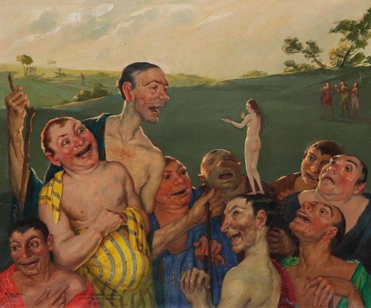 Daniel SABATER Y SALABERT (1888-1951)

Los Hombres cobienan no so tras mandamos, 1930
Huile sur toile.
Signée et titrée en bas à gauche.
Signée et datée au dos.
(Petite restauration).
56 x 67 cm