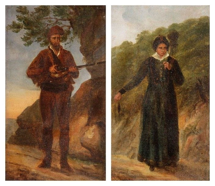 André Jean Antoine DESPOIS (1787-1873)

Paysan corse d'après nature le 18 mai 1826
Femme du Niolo 19 juillet 1826
2 huiles sur papier marouflé sur toile.
Annotées à l'encre recto verso.
23.5 x 13.5 cm chaque