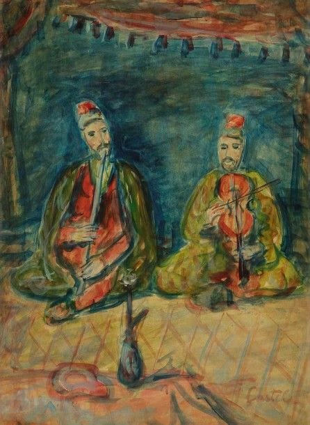 Moshé Elazar CASTEL (1909-1991)

Deux juifs musiciens
Huile sur papier contrecollée sur panneau.
Signée en bas à droite.
61 x 45 cm

Exposition: 
Cachet d'exposition à New York, 10 août 1937 au dos.