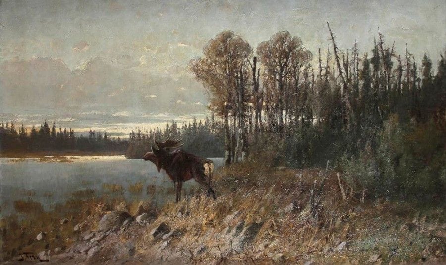 John FERY [autrichien-américain] (1859-1934)

Paysage de l'Est américain à l'élan
Huile sur toile.
Signée en bas à gauche.
(Petites restaurations).
71.5 x 117.5 cm