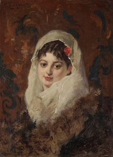 Édouard Frederic Wilhem RICHTER 

Femme à la mantille
Huile sur toile.
Signée en haut à gauche. 
(Petit accident).
30 x 22 cm