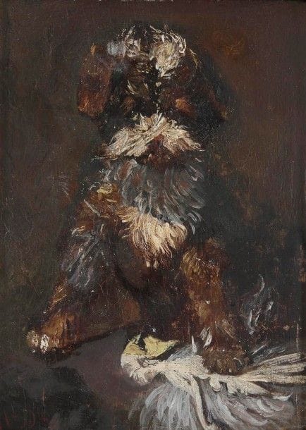 Alfred DEHODENCQ (1822-1882)

Petit chien à l'oiseau
Huile sur panneau.
Monogrammé en bas à gauche.
Annoté Alfred Dehodencq au dos sur une étiquette.
(Restaurations).
22.5 x 17 cm
Provenance: 
Vente Alfred Dehodencq (étiquette au dos).