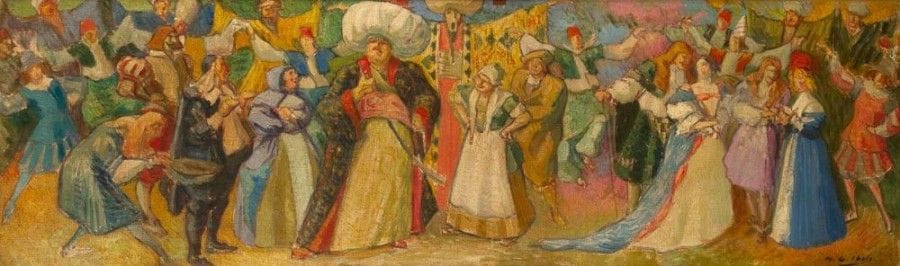 Henri Gabriel IBELS (1867-1936)

Scène du Bourgeois Gentilhomme
Huile sur toile.
Signée en bas à droite.
40 x 130 cm
Provenance: 
Ancienne collection R. Marty, 87 Faubourg Saint-Denis, Paris (Inscription au dos sur le châssis).