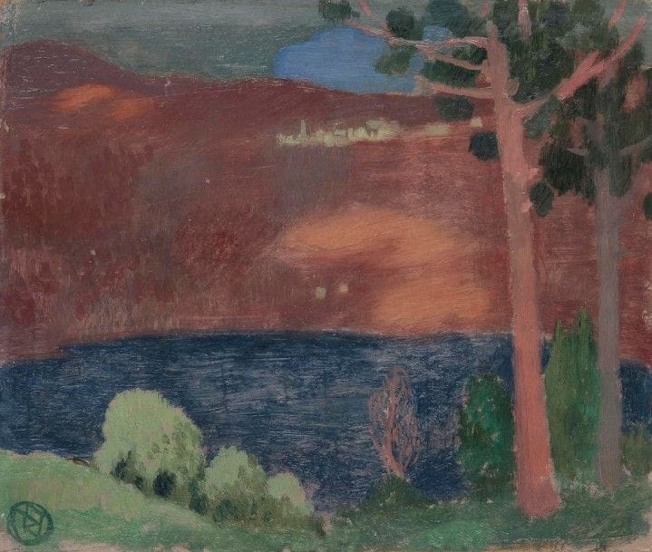 Maurice DENIS (1870-1943)

Lac en Italie, région d'Orvieto, vers 1898
Huile sur carton.
Porte le cachet du monogramme en bas à gauche et au dos.
22.2 x 27 cm

Provenance: 
- Galerie Lecomte-Ullmann, Robert Paturel, Paris.
- Collection particulière, Paris.

Notre ?uvre est la version peinte d'un dessin figurant sur une planche de croquis collés d'Italie de 1898. Il pourrait s'agir de la région d'Orvieto où Maurice Denis se rend en janvier 1898 après Cortone et Arezzo.
Madeleine Follain, fille de Maurice Denis a attesté au dos l'authenticité de cette ?uvre le 15 mai 1970.

L'?uvre porte le numéro d'indexation au Catalogue Raisonné 898.0255.
Nous remercions mesdames Claire Denis et Fabienne Stahl pour les précieuses informations qu'elles nous ont transmises.