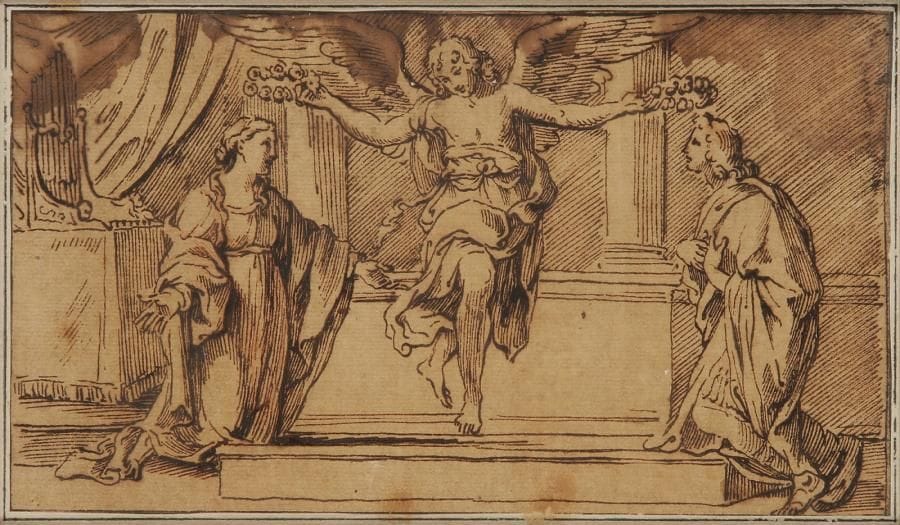 École ITALIENNE du XVIIe siècle, d'après LE DOMINIQUIN
Sainte Cécile et Saint Valérien couronnés par un ange. Plume et encre noire 10.8 x 19 cm. Reprise d'après la fresque réalisé vers 1612 - 1615 par le Dominiquin dans à la chapelle Polet de l'église Saint Louis des Français à Rome (voir R. E. Spear, Domenichino, New Haven et Londres, 1982, n° 42. I, reproduit n° 146)