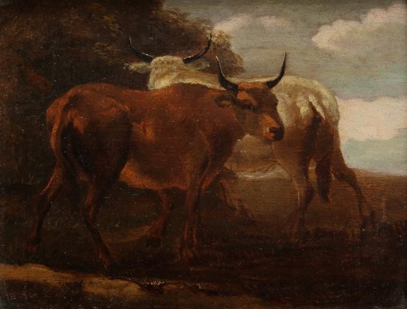 Attribué à Pieter van BLOEMEN (1657 - 1720)
Deux vaches. Panneau. 17 x 22 cm