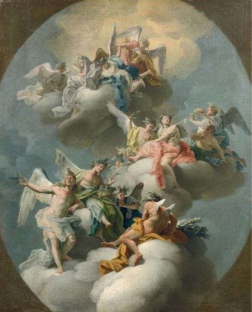 Filippo FALCIATORE (Actif à Naples entre 1718 et 1768)
L'allégorie des saisons avec les signes du zodiaque. Toile. 78,5 x 63,5 cm. Sans cadre.. Nous remercions Monsieur Nicola Spinosa d'avoir confirmé, sur photo, l'attribution de notre tableau à Filippo Falciatore et de le situer vers 1750. Vers 1750, Falciatore réalise cinq panneaux décoratifs, conservés dans le musée de la Villa La Floridiana à Naples, desquels nous pouvons rapprocher notre étude. Nous retrouvons dans Persée libérant Andromède, Persée combattant le monstre marin, Léda et le cygne, Séléné endormie et La naissance de Pégase le raffinement du motif et la finesse dans le dessin des fleurs, des armures et des casques (voir le catalogue de l'exposition Civiltà del '700 a Napoli 1734-1799, Primo volume, Naples, 1979-1980, n° 121, reproduits). Elève de Domenico Antonio Vaccaro, Filippo Falciatore peint de nombreuses fresques pour les églises et les palais napolitains, notamment les Palais des Ducs de Monteleone et de Brunasso. Il se distingue de son maître par la clarté de son coloris et la finesse de son pinceau