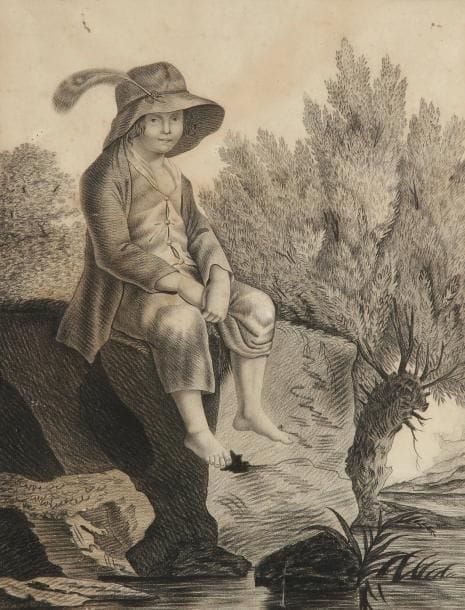 F. DEBILLIY. (Actif à la fin du XVIIIe et au début du XIXe siècle)
Un jeune berger. Pierre noire. 40 x 31 cm. Daté et signé en bas sur le montage Bij 1813 / F. Debilly