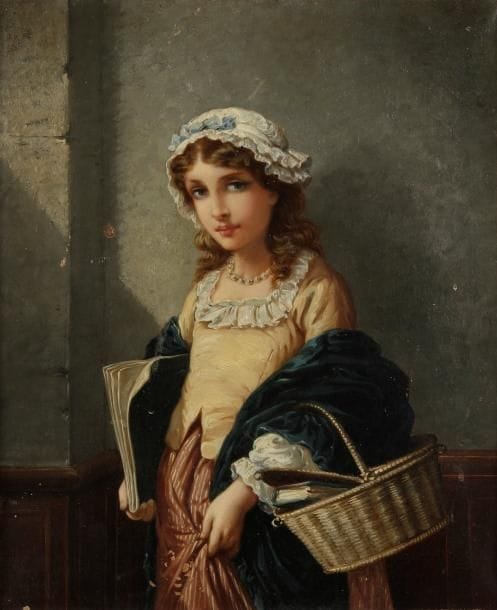 École Française du XIXe siècle
Jeune fille au panier. Huile sur toile Porte une signature en bas à gauche Manques 46 x 38 cm