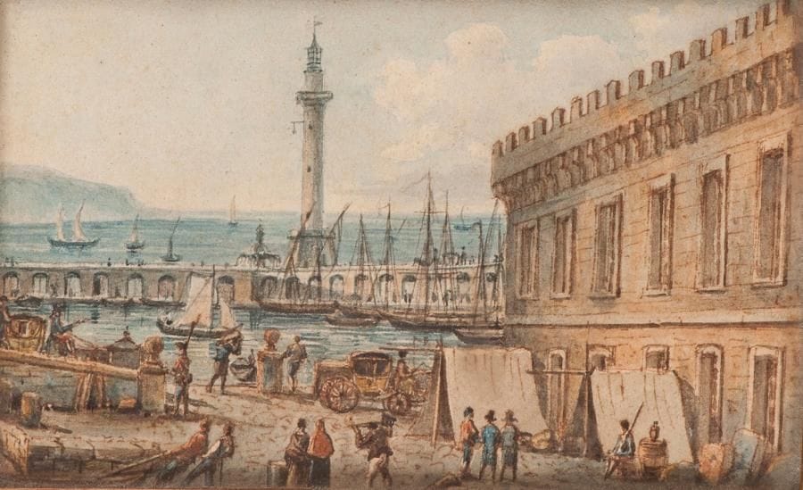 Ecole FRANCAISE vers 1800
Scène de port. Plume et encre brune, aquarelle. 6,2 x 10 cm