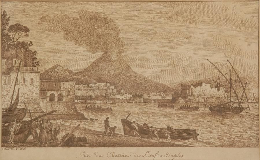 Jean Jacque François TAUREL (Toulon 1757 - Paris 1832)
Vue du Château de l'?oeuf à Naples. Plume et encre brune.16 x 26 cm. Signé et daté en bas à gauche F.Taurel. f ;1826.. Situé en bas.
