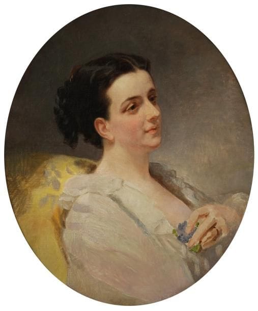 Ecole FRANÇAISE vers 1860
Jeune Femme rêveuse, tenant un bouquet de myosotis «Forget me not» Toile ovale (au revers tampon du fabricant Michel Ottoz). Cadre rectangulaire en bois doré. 80 x 71 cm