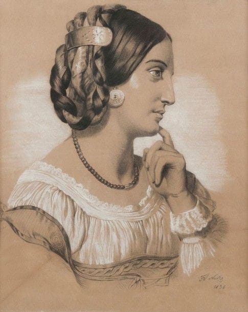 FRANÇOIS JOSEPH NAVEZ (1787-1869)
Femme de profil à l'antique, 1838. Dessin au crayon noir et pierre blanche Signé et daté en bas à droite 57 x 46 cm