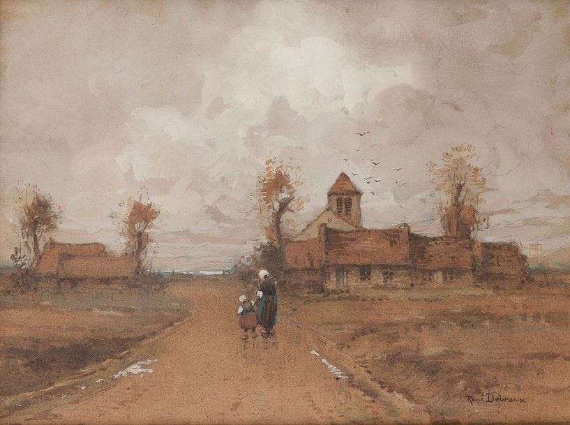 René Charles Louis DEBRAUX (1868-1938)
Femme et enfant sur la route du village. Aquarelle et rehauts de gouache Signée en bas à droite 26 x 33.5 cm