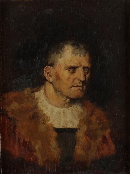 Antonio Salvador CASANOVA Y ESTORACH (Tortosa 1847-1896)
Figure d'homme. Toile marouflée sur panneau. 8,5 x 6,5 cm