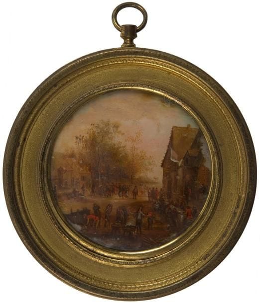 Fête flamande dans un village, avec grand nombre de personnages. Fixé sous verre fin XVIIIe - début XIXe siècle. D. à vue: 7,8 cm. Cadre-médaillon en laiton doré avec bélière, D.: 12 cm. (Petites altérations en périphérie)