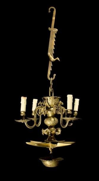JUDENSTERN LAMPE DE SHABBAT Bronze. Hauteur de la lampe: 51 cm Hauteur maximale de la crémaillère: 60 cm Diamètre de l'étoile: 28 cm
Lampe juive complète de son godet, de sa crémaillère et de ses fleurons. Étoile à huit branches surmontée de plusieurs renflements dont l'un porte de petites fleurs. Le godet et la lampe sont gravés de motifs végétaux. Crémaillère ornée d'un oiseau. Les quatre bougeoirs postérieurement électrifiés avec de petits trous peu visibles dans les coupelles. Mots-clés: Judaica, Jewish, Hebrew, Judaïsme, Hébreu.
Judenstern or Shabbat Lamp. Bronze