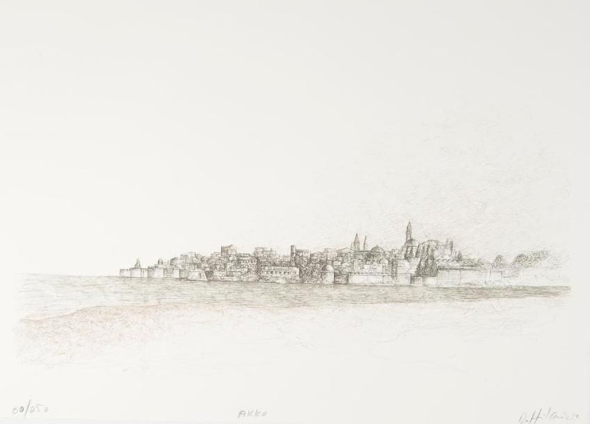 Raffi KAISER (Israélien, né en 1931)
Spaces and Spirit of Israël. (Aux dépens d'un amateur). 1982. Suite complète de 21 planches. Lithographies imprimées en brun ou noir. Format de l'album: 46 x 63.5 cm Épreuves sur vélin, numérotées, titrées et signées à la mine de plomb. Exemplaire très frais. Cartonnage de toile brune. Tirage à 250 exemplaires.
Mots-clés: Judaica, Jewish, Hebrew, Judaïsme, Hébreu.
Spaces and Spirit of Israel (1982). Complete set of 21 lithographs printed in brown or black.