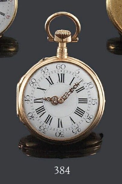 Montre de col en or 18K, signée LEROY ET FILS horloger de la marine. Cadran émaillé avec double graduation, chiffres romains, aiguilles serties de pierres, mécanisme échappement à ancre, balancier compensé coupé, spiral Breguet et remontage à dents de loup. Poids brut: 39,09 g Manque le verre.