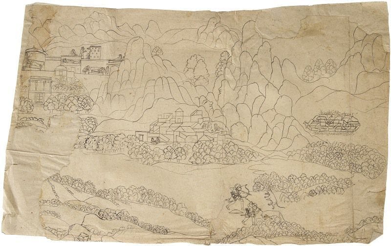 Scène de chasse au lion dans la montagne, Inde du nord, XVIIIe siècle.
Dessin à l'encre sur papier. Dans un paysage montagneux, près de plusieurs villages, deux hommes chassent un lion, l'un avec un arc, le second avec un épieu. Scènes animées dans l'un des villages et deux figures humaines sont dessinées dans les rochers. 
Dim.: 39 cm x 24 cm
État: pliures du papier, restaurations sur les côtés. 
Provenance: Ancienne collection René Gonse, artiste et graveur, ayant exposé au Salon des Indépendants de 1878 et de l'ancienne Collection Bradery, Paris, vers 1943.
A scene of hunting a lion in the mountains, North of India, 18th century
