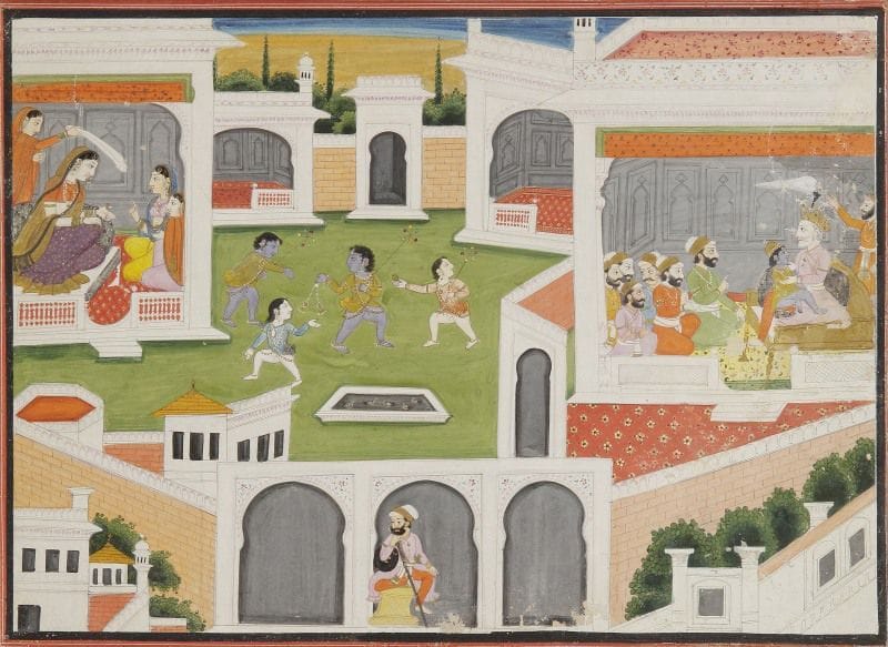 Épisode de l'enfance de Rama, Inde du Nord, Haut Penjab, Kangra, début XIXe siècle.
Au premier plan, l'enceinte du palais du roi Dasaratha, ouverte par trois arches devant lesquelles se tient un gardien. Au centre de la cour près d'un bassin, jouent ses quatre enfants, Rama, le plus bleu et, ses frères Laksmana, Satruchana et Bharata. Dans le pavillon de gauche, sans doute la reine, suivie d'une servante qui l'évente avec un cauri, converse avec deux jeunes femmes, et à droite, le roi Desaratha tient Rama sur ses genoux, coiffé d'une couronne, devant des dignitaires. 
Haut. cadre: 26,5 x 32,5 cm ; Miniature: 17, 2 x 24,1 cm  
Krishna's childhood, India, Punjab Kangra, late 18th - early 19th century